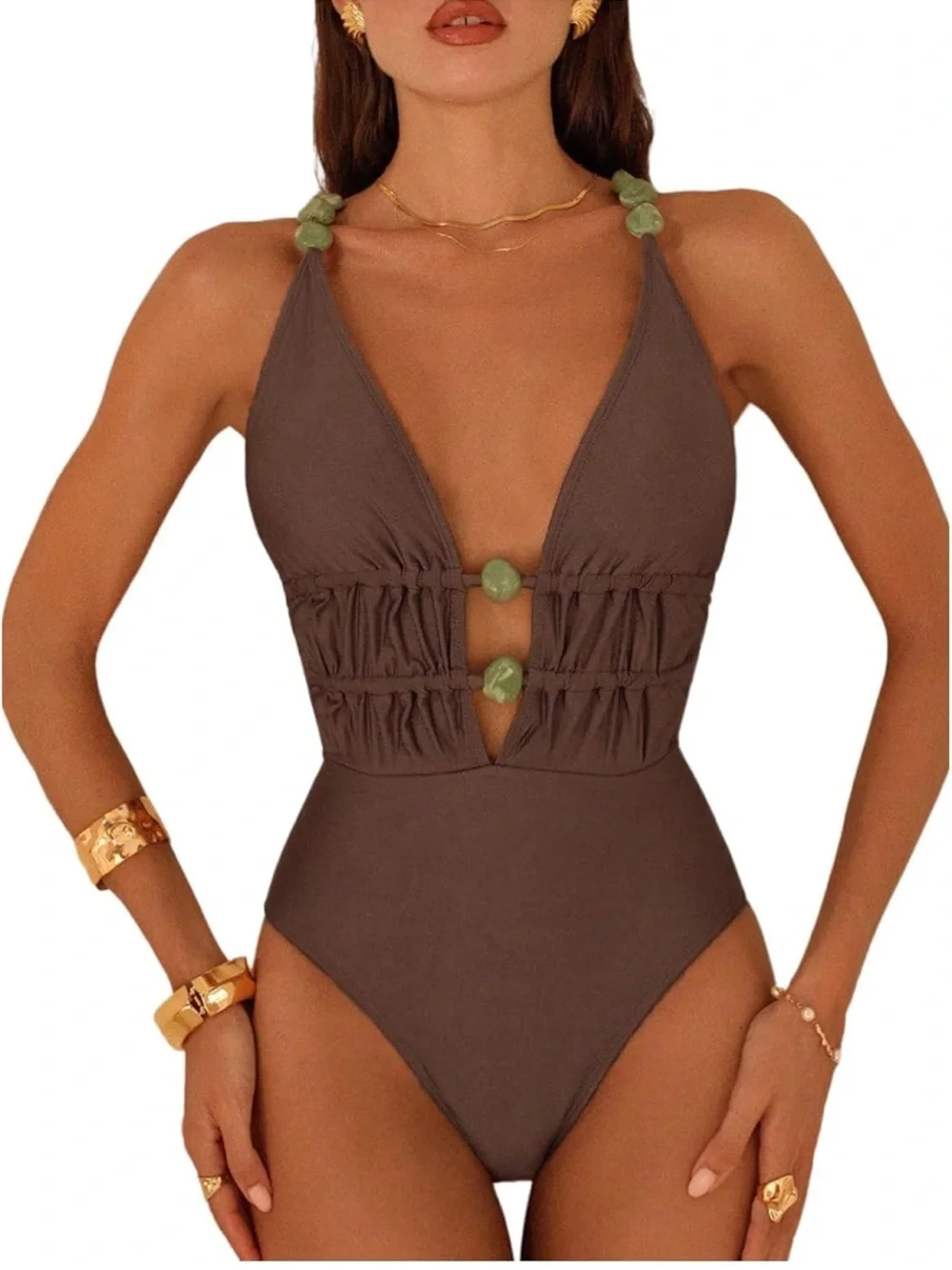 One Piece Swimsuit Criss Cross Backless Beaded Deep V Neck Plunge 1395/bb7-1